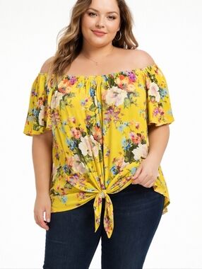 Haptics Floral Yellow Flowy Women's Top With Tie In Front, Size 3x